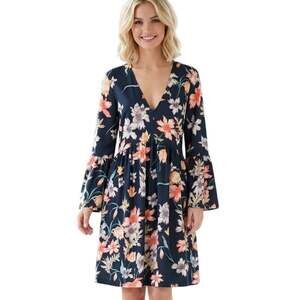 ASOS Navy Floral Dress Womens Size 8 Bell Sleeves Stretch Knit Boho Feminine